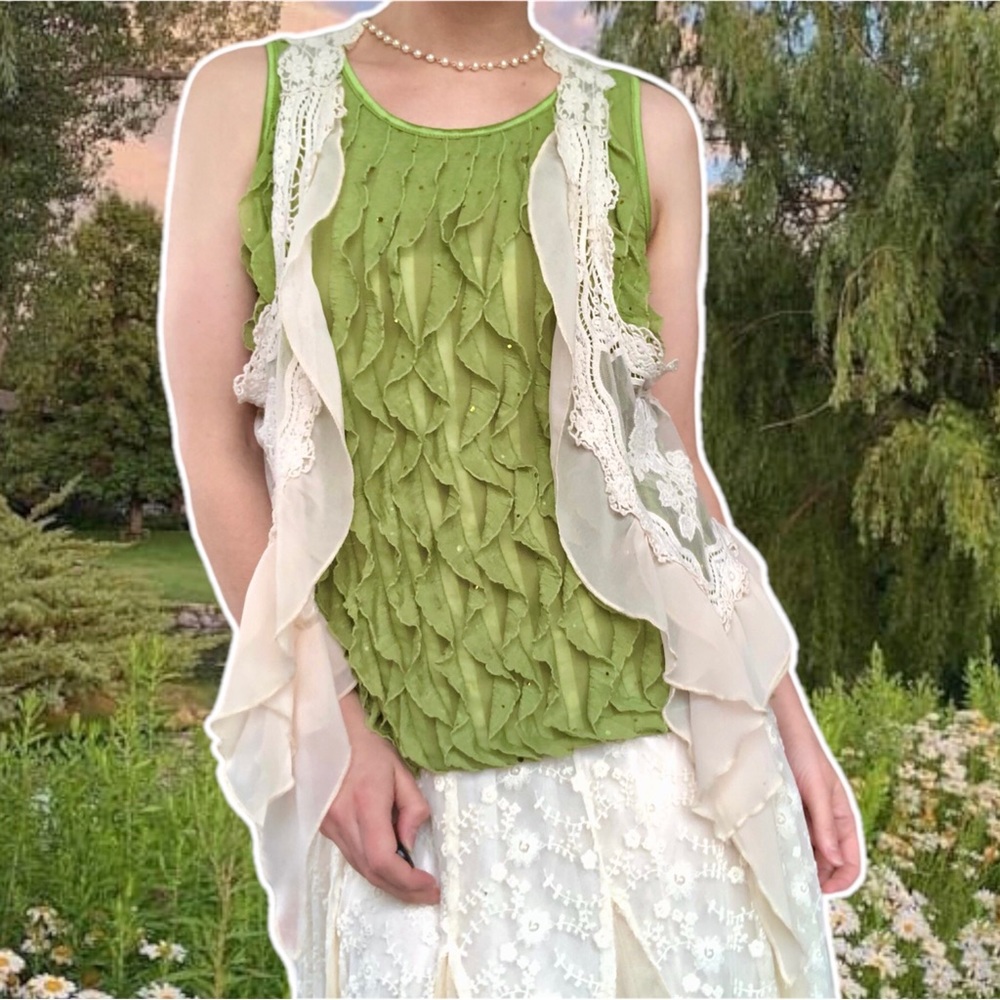 True Vintage y2k Tinker Bell Bright Green Tank with Lettuce Hem Fairy Ruffles